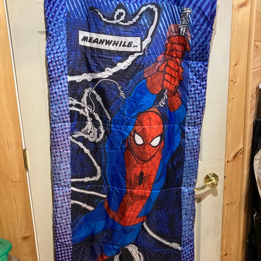 Kid Spiderman sleeping bag and backpack.